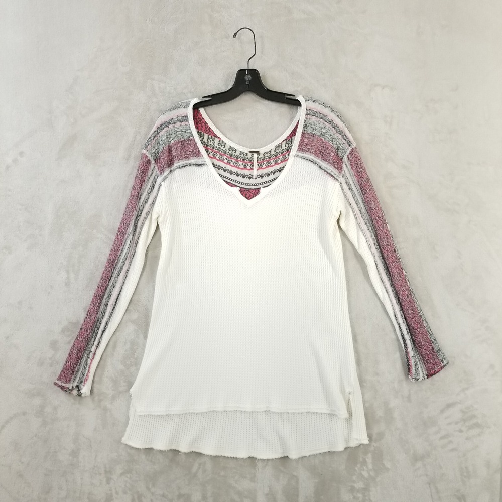 Free People Thermal Top Women M White Waffle Knit Oversized Long Sleeve V Neck